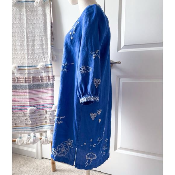 Johnny Was Sovanna Blue Embroidered Linen Bishop Sleeves Tunic Dress Size Small - Picture 3 of 11